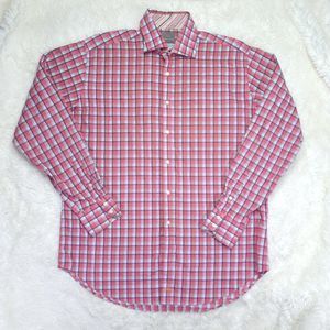 Thomas Dean Dress Shirt Mens XL Pink & Blue Plaid Striped Flip Cuffs Long Sleeve